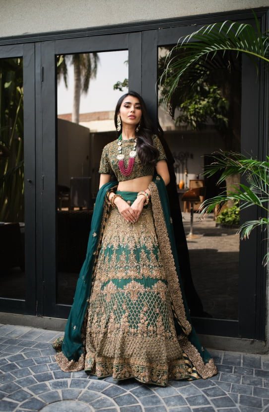 Emerald Green Zardozi Silk Lehenga Choli (3-Piece) - Image 4
