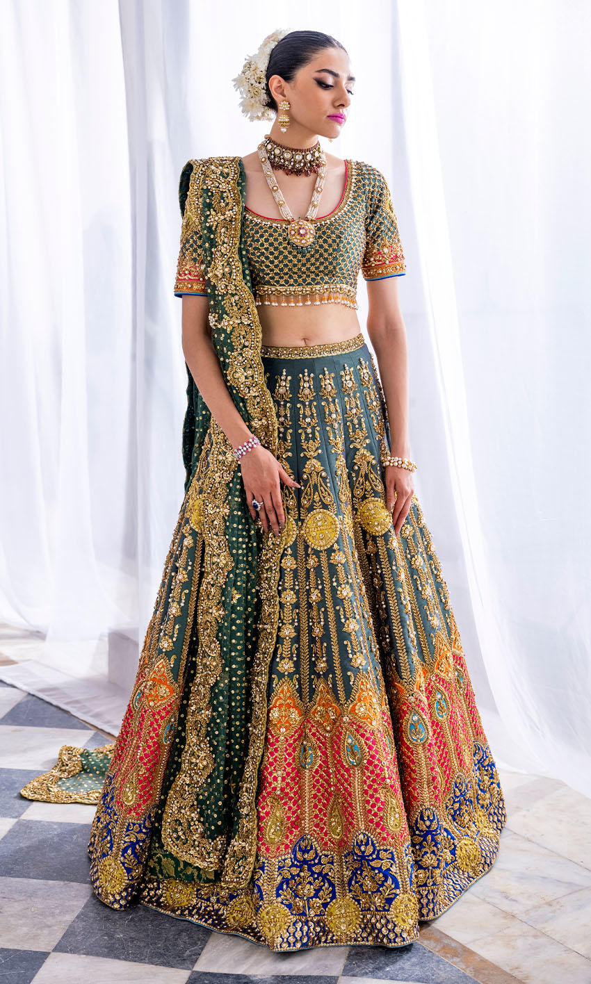 Pakistani Emerald Appliqué Zardozi Silk Bridal Lehenga (3-Piece) - Image 1