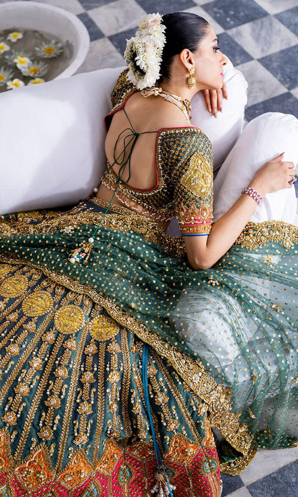 Pakistani Emerald Appliqué Zardozi Silk Bridal Lehenga (3-Piece) - Image 4