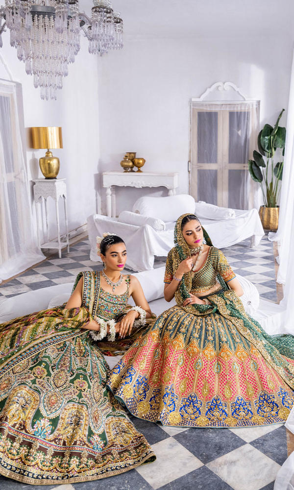 Pakistani Emerald Appliqué Zardozi Silk Bridal Lehenga (3-Piece) - Image 7