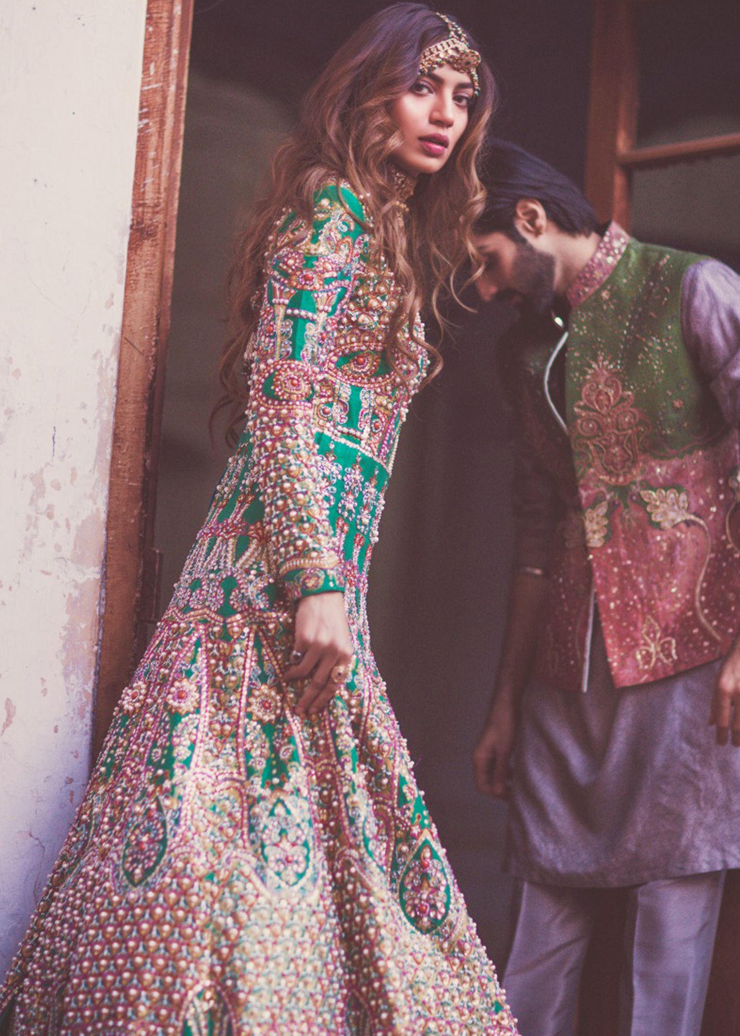 Emerald Green Embroidered Silk Bridal Lehenga Choli (3-Piece) - Image 2