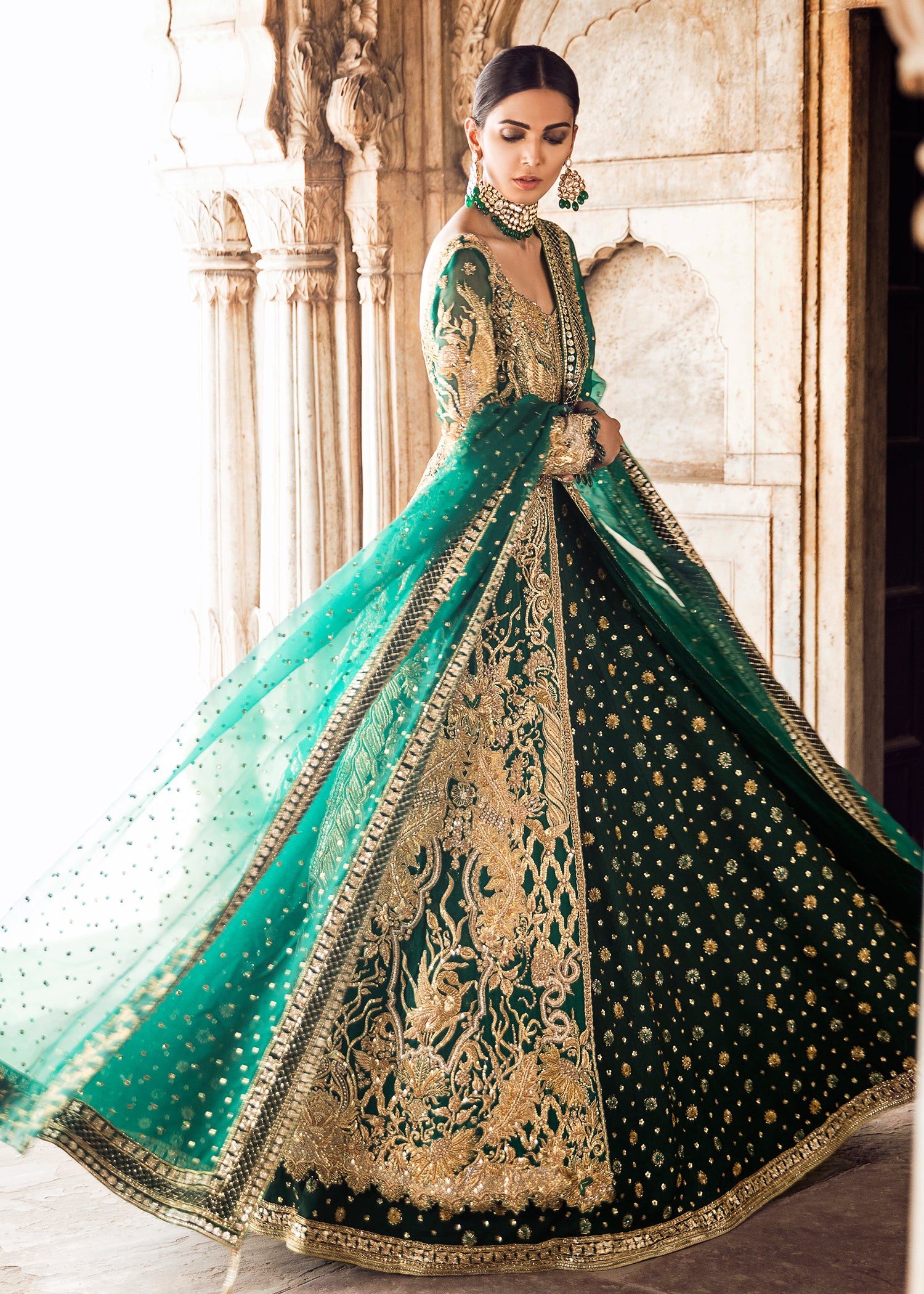 Emerald Green Zardozi Silk Bridal Lehenga (3-Piece) - Image 1