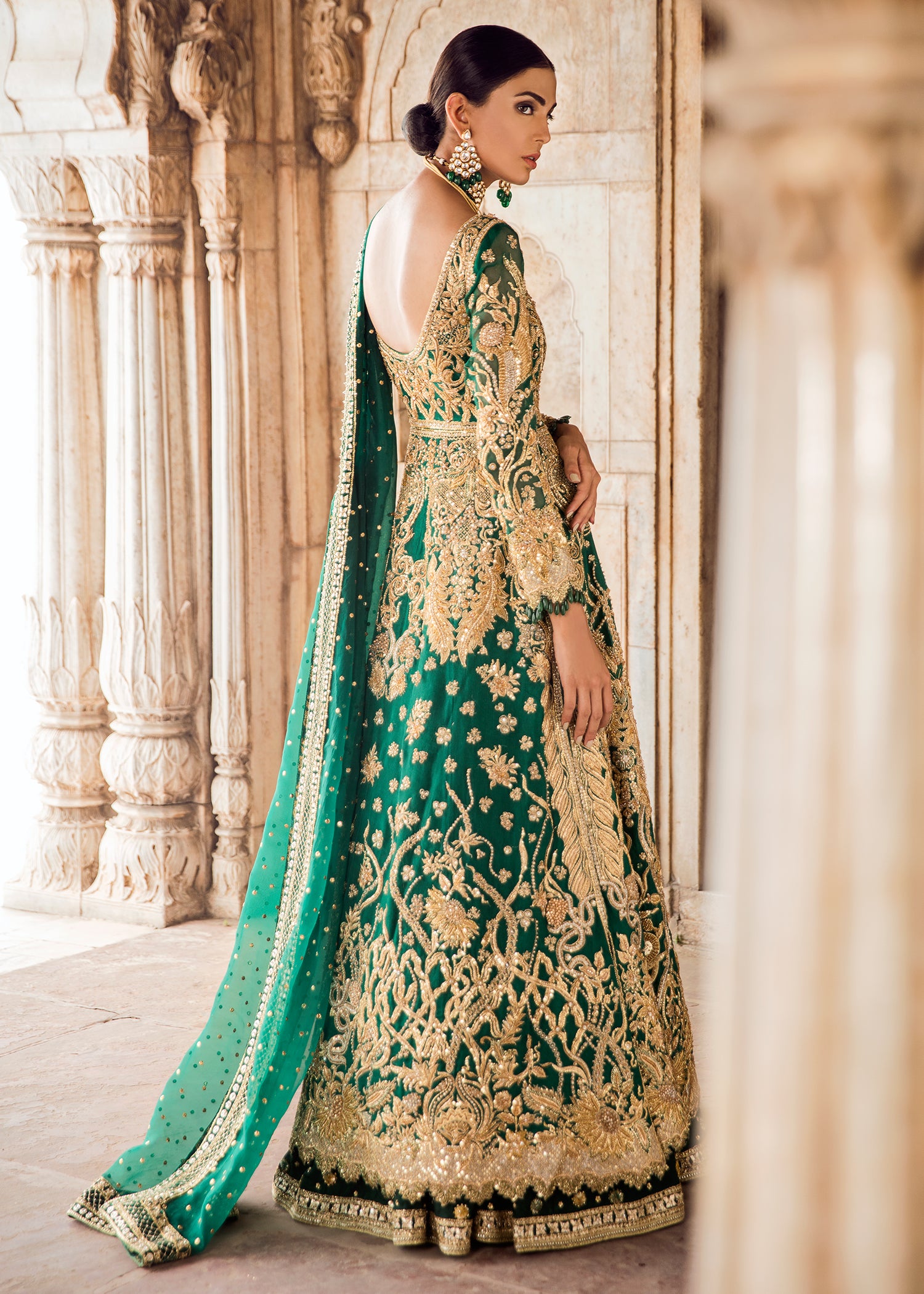 Emerald Green Zardozi Silk Bridal Lehenga (3-Piece) - Image 3