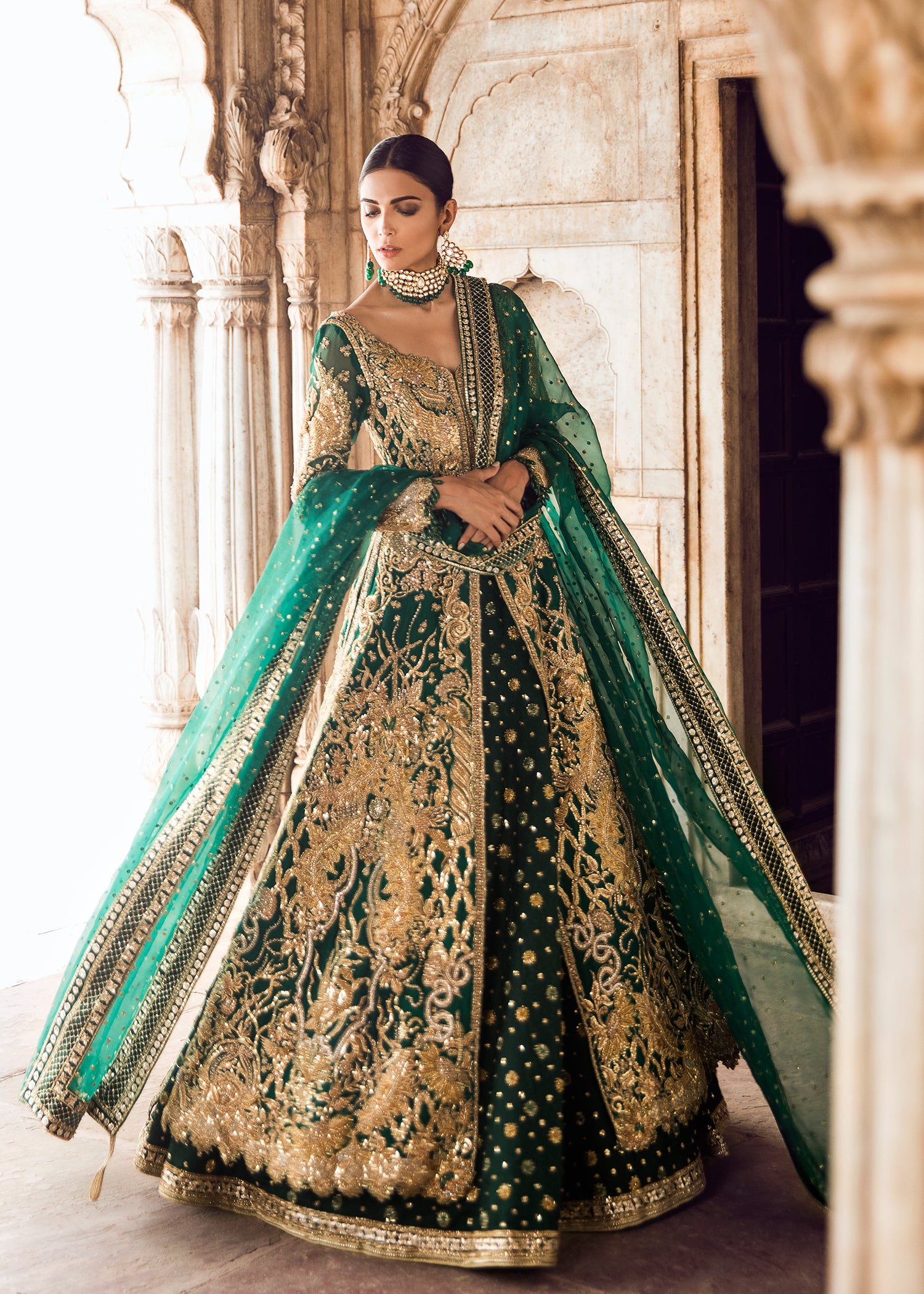 Emerald Green Zardozi Silk Bridal Lehenga (3-Piece) - Image 4