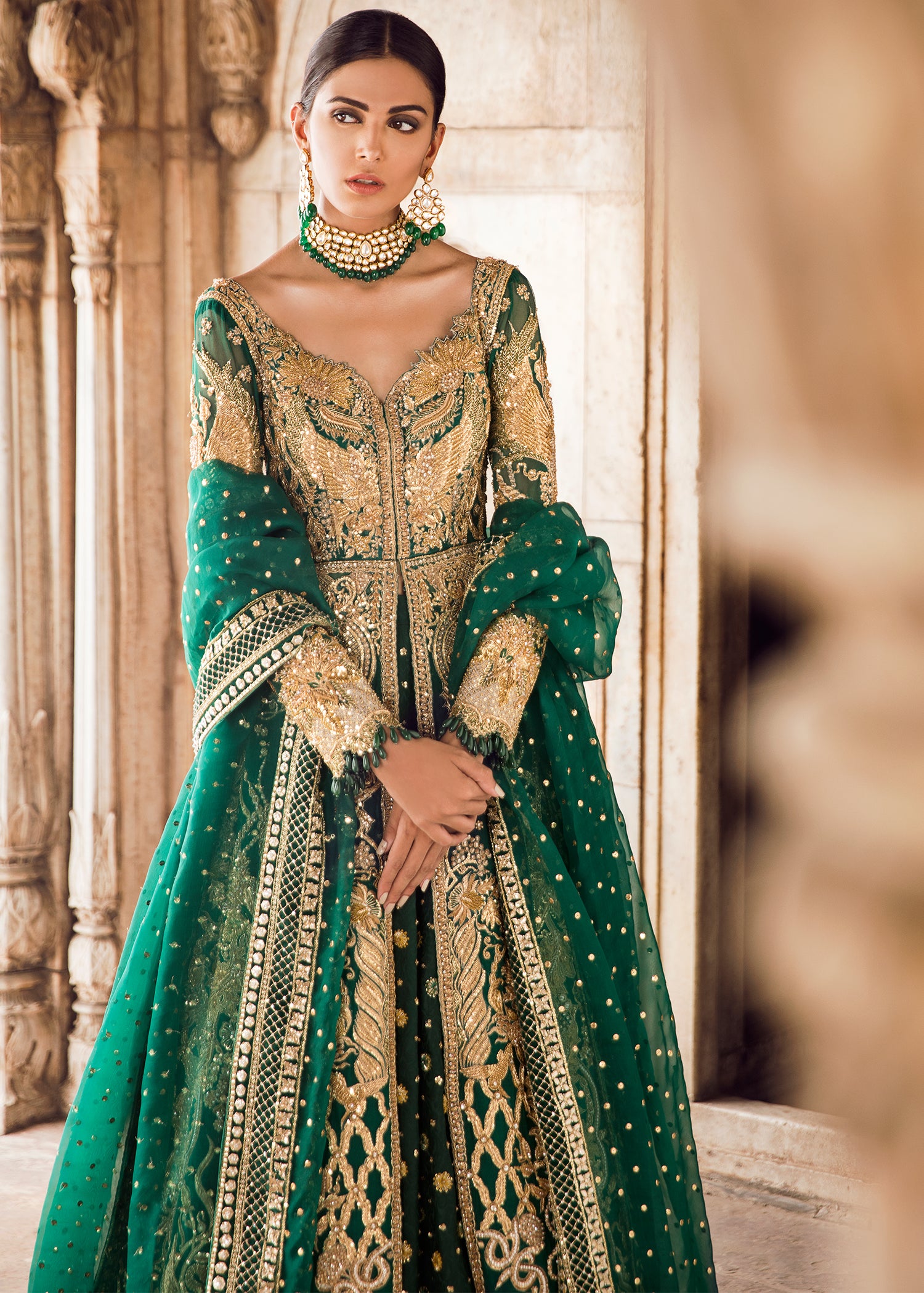 Emerald Green Zardozi Silk Bridal Lehenga (3-Piece) - Image 2