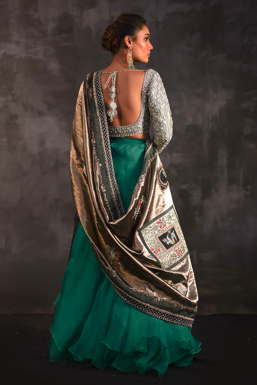 Mint Zardozi Silk Choli with Green Organza Lehenga (3-Piece) - Image 2