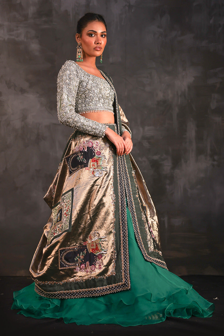 Mint Zardozi Silk Choli with Green Organza Lehenga (3-Piece) - Image 3
