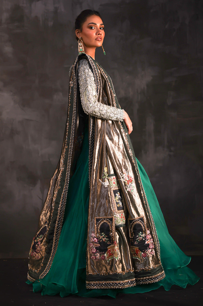 Mint Zardozi Silk Choli with Green Organza Lehenga (3-Piece) - Image 4