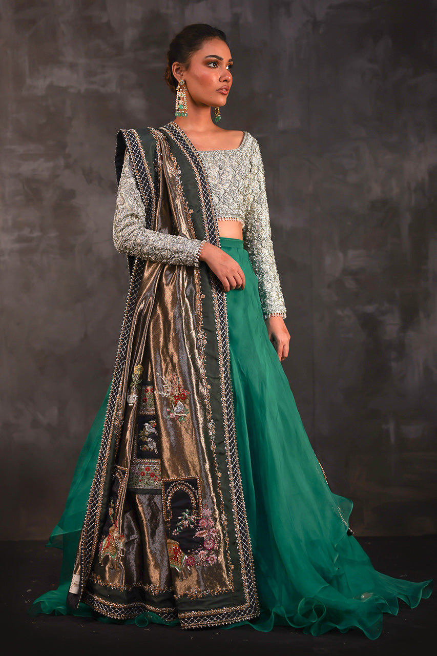 Mint Zardozi Silk Choli with Green Organza Lehenga (3-Piece) - Image 5