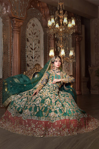 Pakistani Emerald Green Zardozi Silk Bridal Lehenga (3-Piece) - Image 6