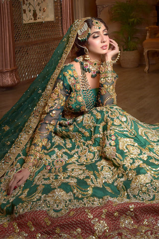 Pakistani Emerald Green Embellished Silk Bridal Lehenga (3-Piece) - Image 7