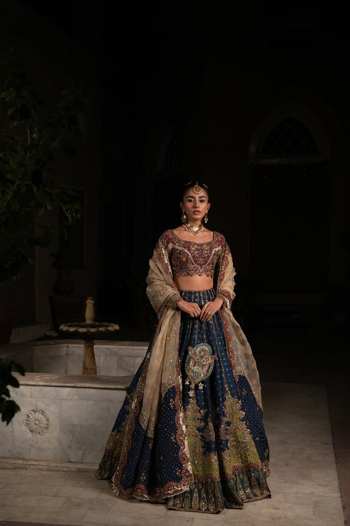 Pakistani Jade Blue & Maroon Zardozi Silk Lehenga Choli (3-Piece) - Image 1
