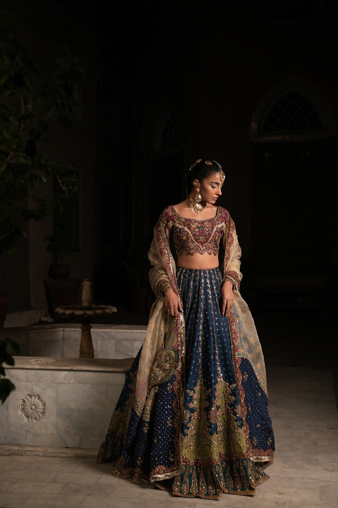 Pakistani Jade Blue & Maroon Zardozi Silk Lehenga Choli (3-Piece) - Image 2