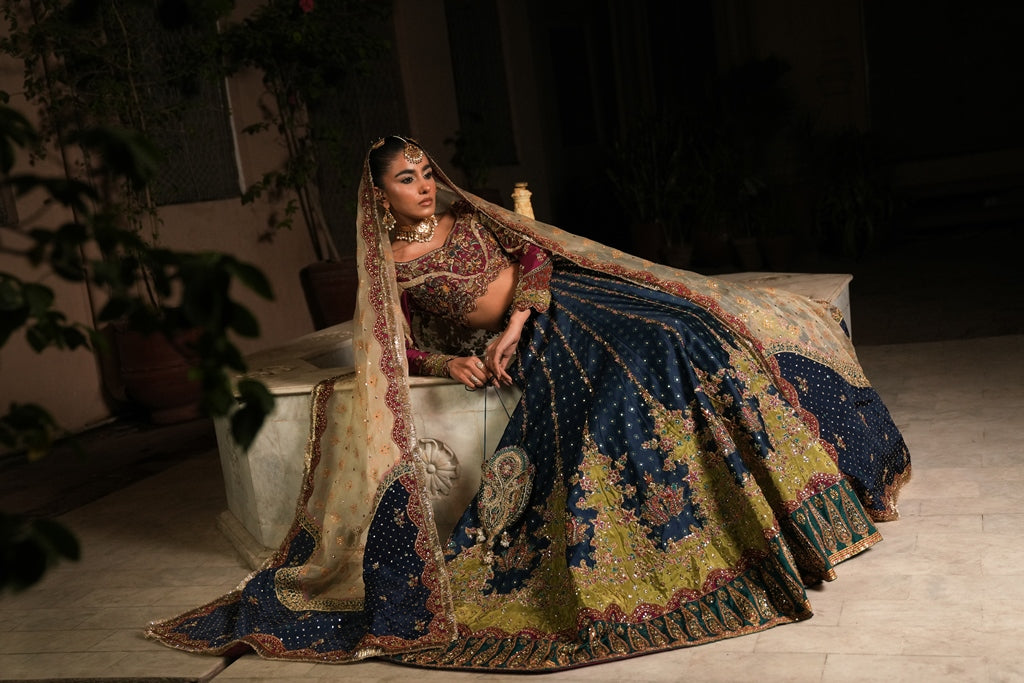 Pakistani Jade Blue & Maroon Zardozi Silk Lehenga Choli (3-Piece) - Image 3