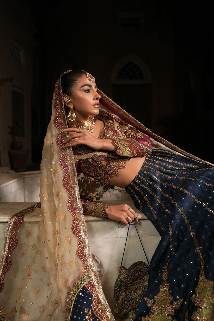 Pakistani Jade Blue & Maroon Zardozi Silk Lehenga Choli (3-Piece) - Image 4