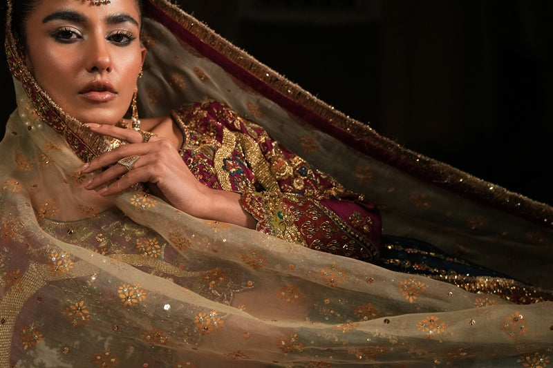 Pakistani Jade Blue & Maroon Zardozi Silk Lehenga Choli (3-Piece) - Image 5