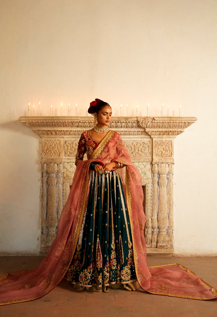Emerald Zardozi Silk Lehenga (3-Piece) - Image 1
