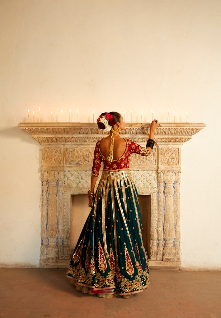 Emerald Zardozi Silk Lehenga (3-Piece) - Image 2