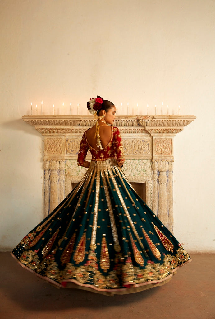 Emerald Zardozi Silk Lehenga (3-Piece) - Image 3