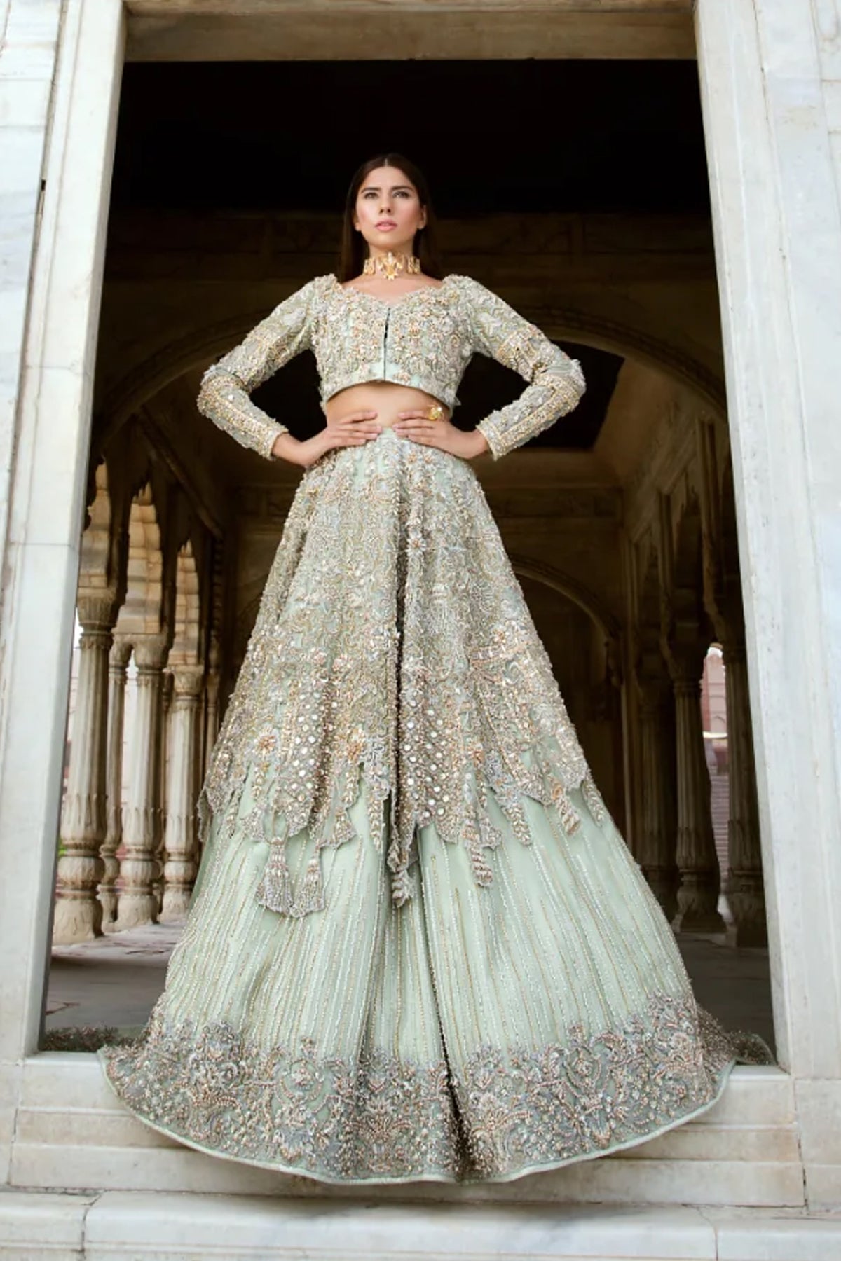 Pakistani Pistachio Green Embellished Silk Bridal Lehenga (3-Piece) - Image 1