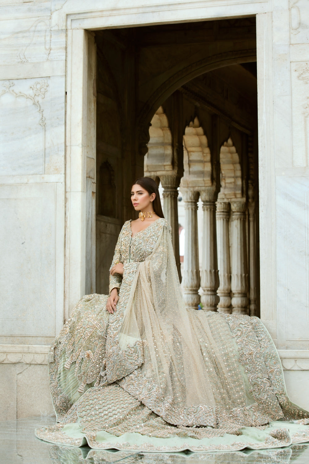 Pakistani Pistachio Green Embellished Silk Bridal Lehenga (3-Piece) - Image 2