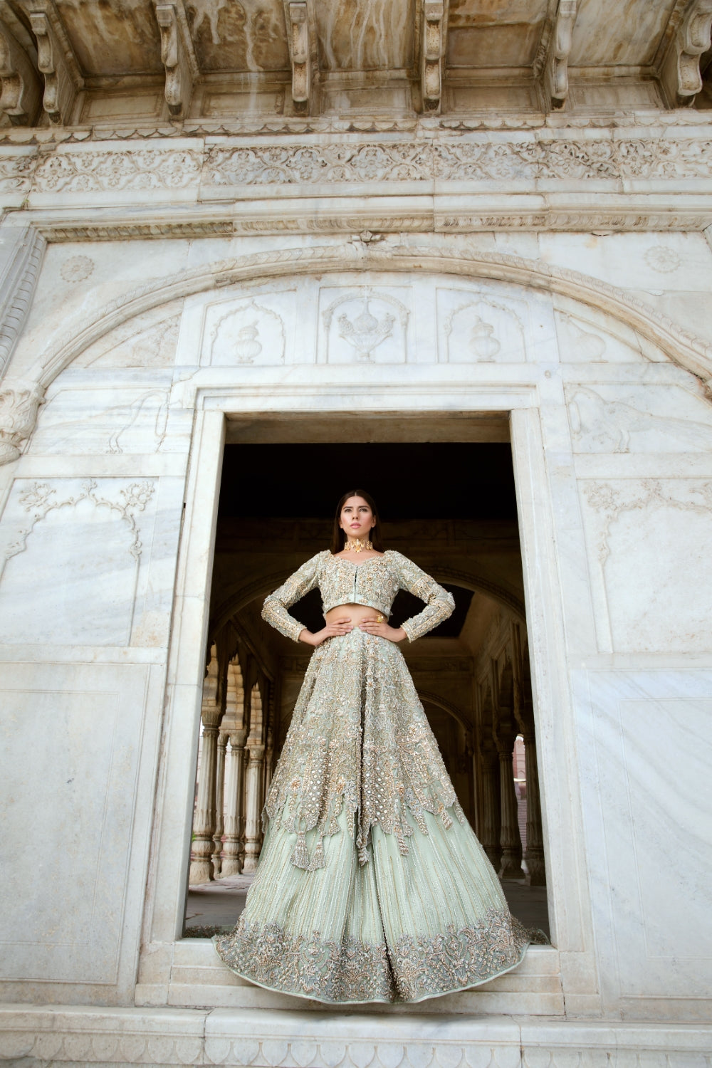 Pakistani Pistachio Green Embellished Silk Bridal Lehenga (3-Piece) - Image 3