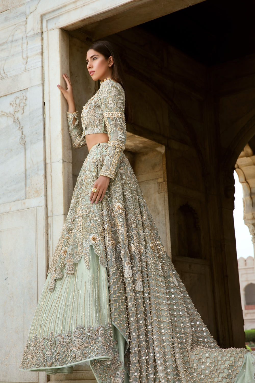 Pakistani Pistachio Green Embellished Silk Bridal Lehenga (3-Piece) - Image 4