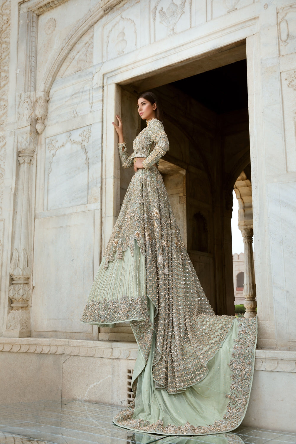 Pakistani Pistachio Green Embellished Silk Bridal Lehenga (3-Piece) - Image 5
