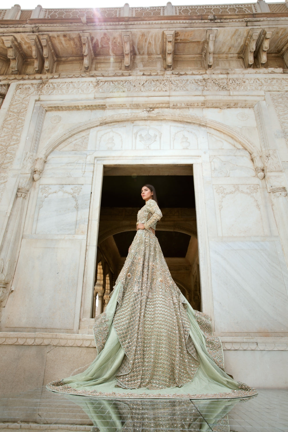Pakistani Pistachio Green Embellished Silk Bridal Lehenga (3-Piece) - Image 6