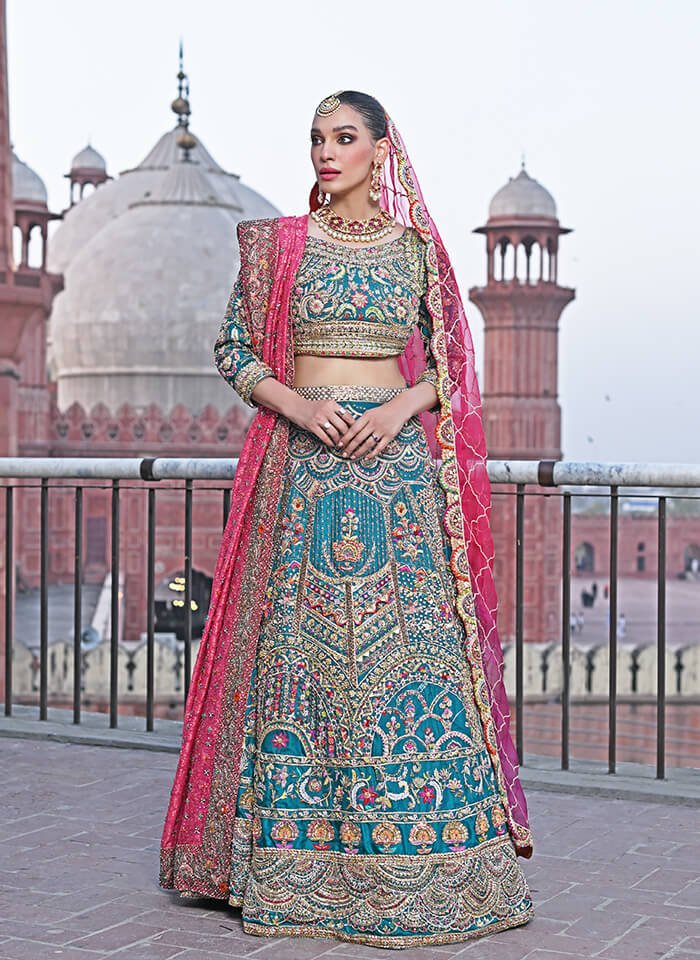 Pakistani Teal Green Zardozi Silk Lehenga (3-Piece) - Image 1