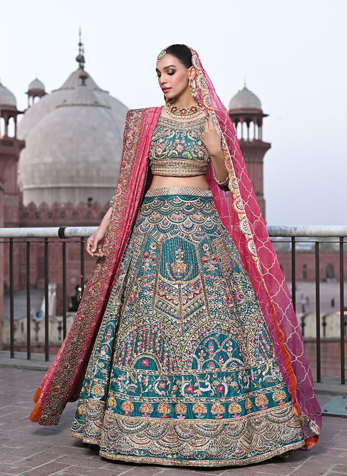 Pakistani Teal Green Zardozi Silk Lehenga (3-Piece) - Image 2