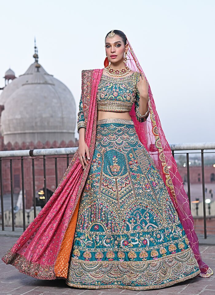 Pakistani Teal Green Zardozi Silk Lehenga (3-Piece) - Image 3