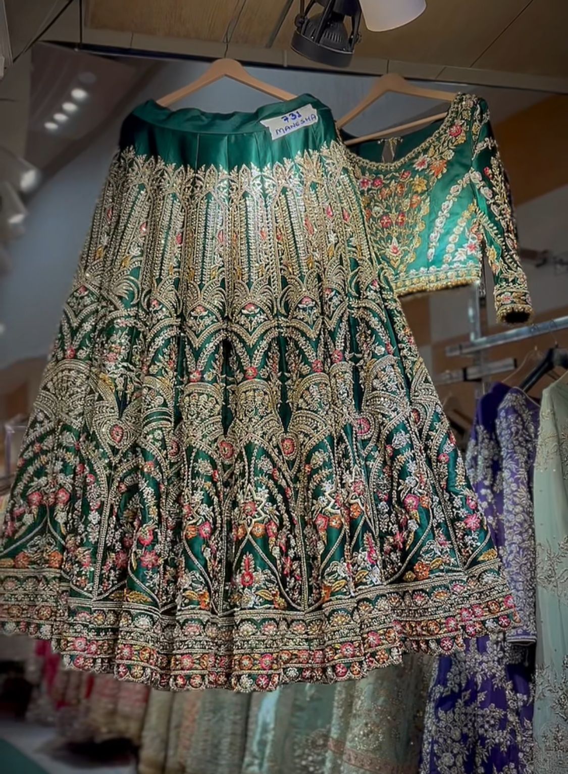 Pakistani Bottle Green Embroidered Silk Lehenga Choli (3-Piece) - Image 1