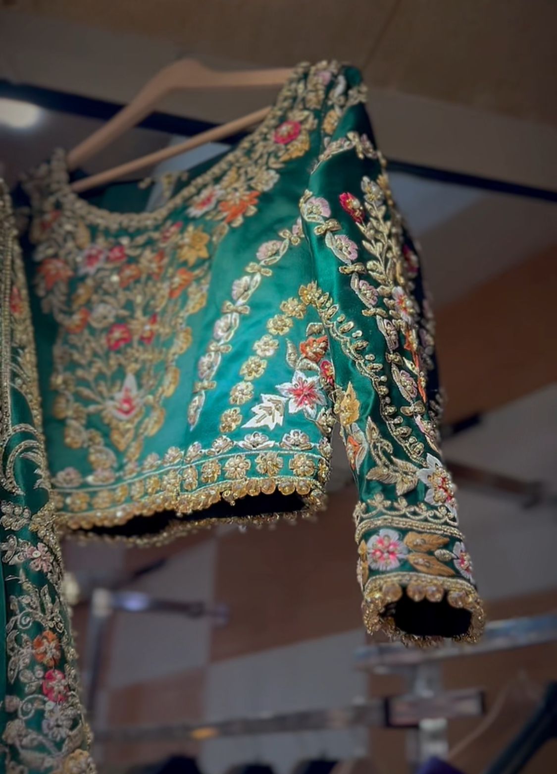 Pakistani Bottle Green Embroidered Silk Lehenga Choli (3-Piece) - Image 4