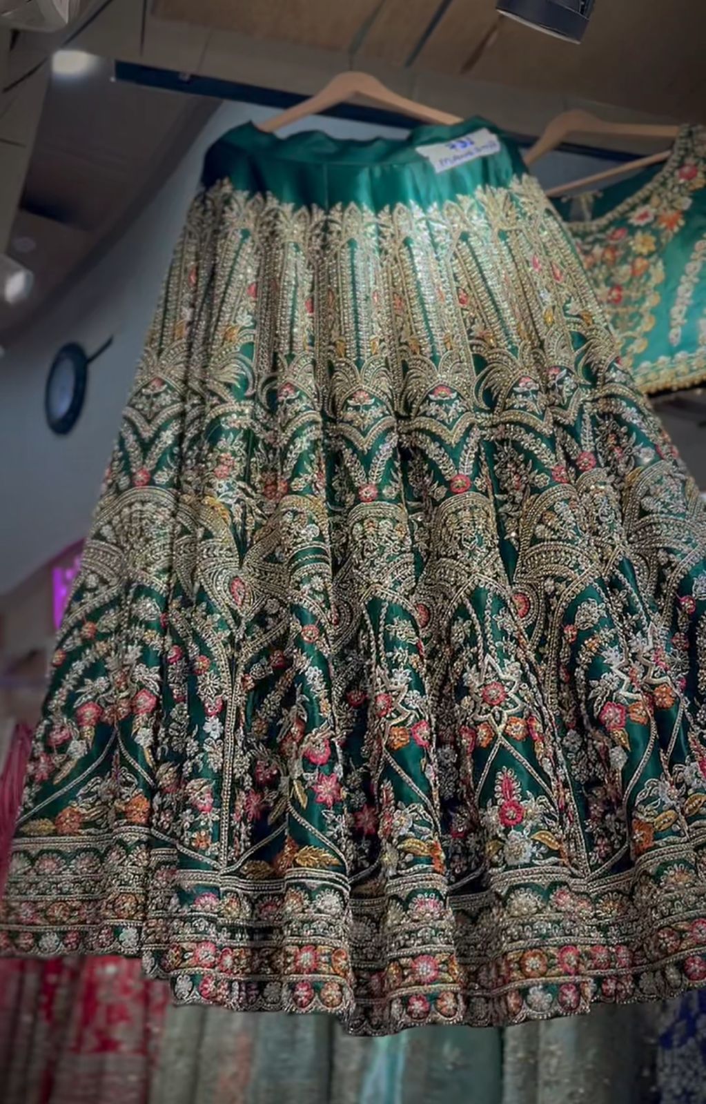 Pakistani Bottle Green Embroidered Silk Lehenga Choli (3-Piece) - Image 5