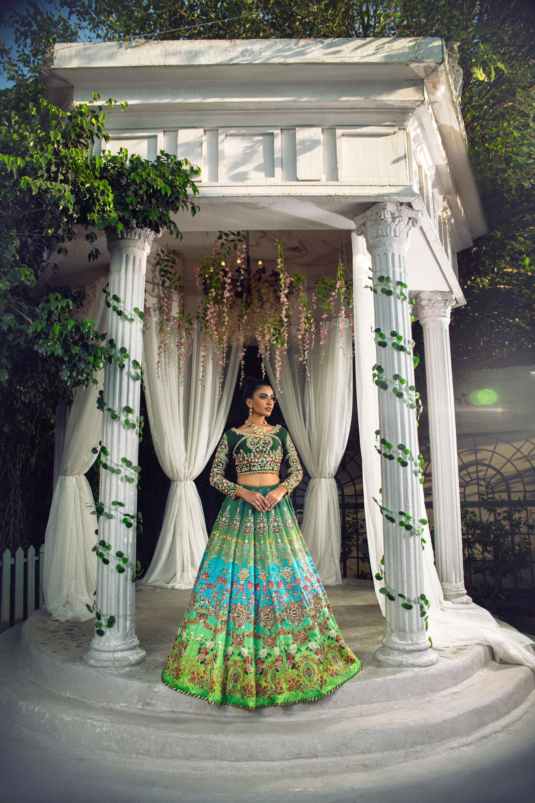 Emerald Green Handworked Silk Lehenga (3-Piece) - Image 1