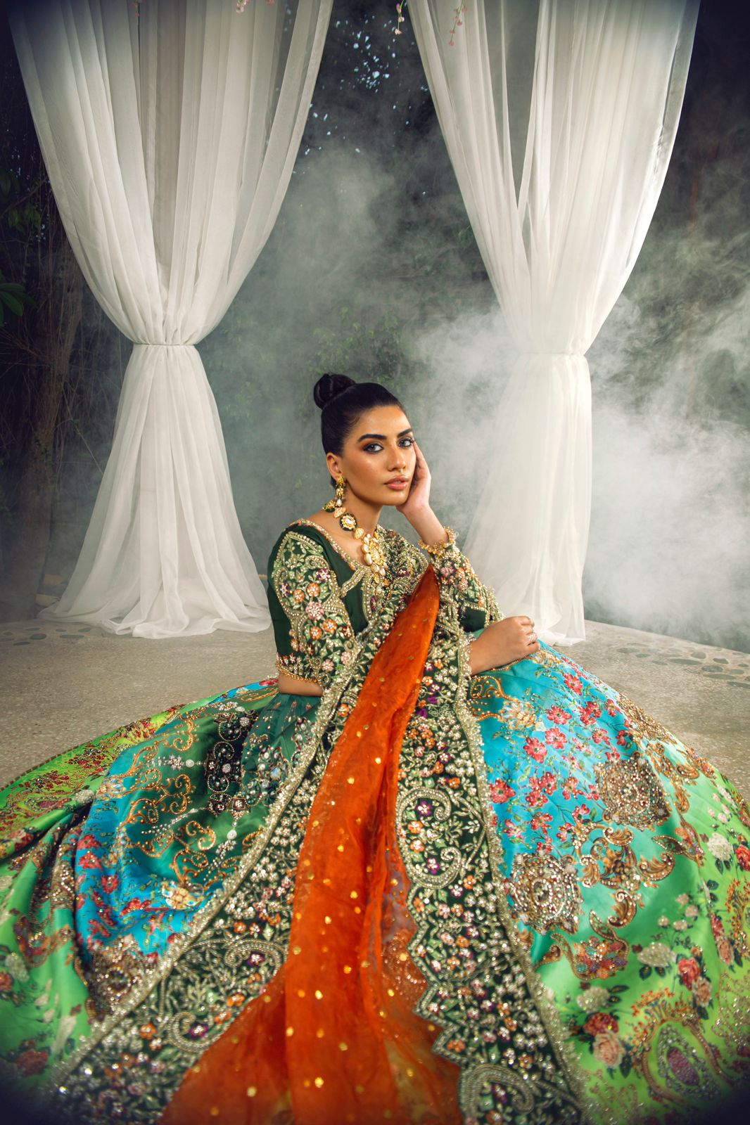 Emerald Green Handworked Silk Lehenga (3-Piece) - Image 2