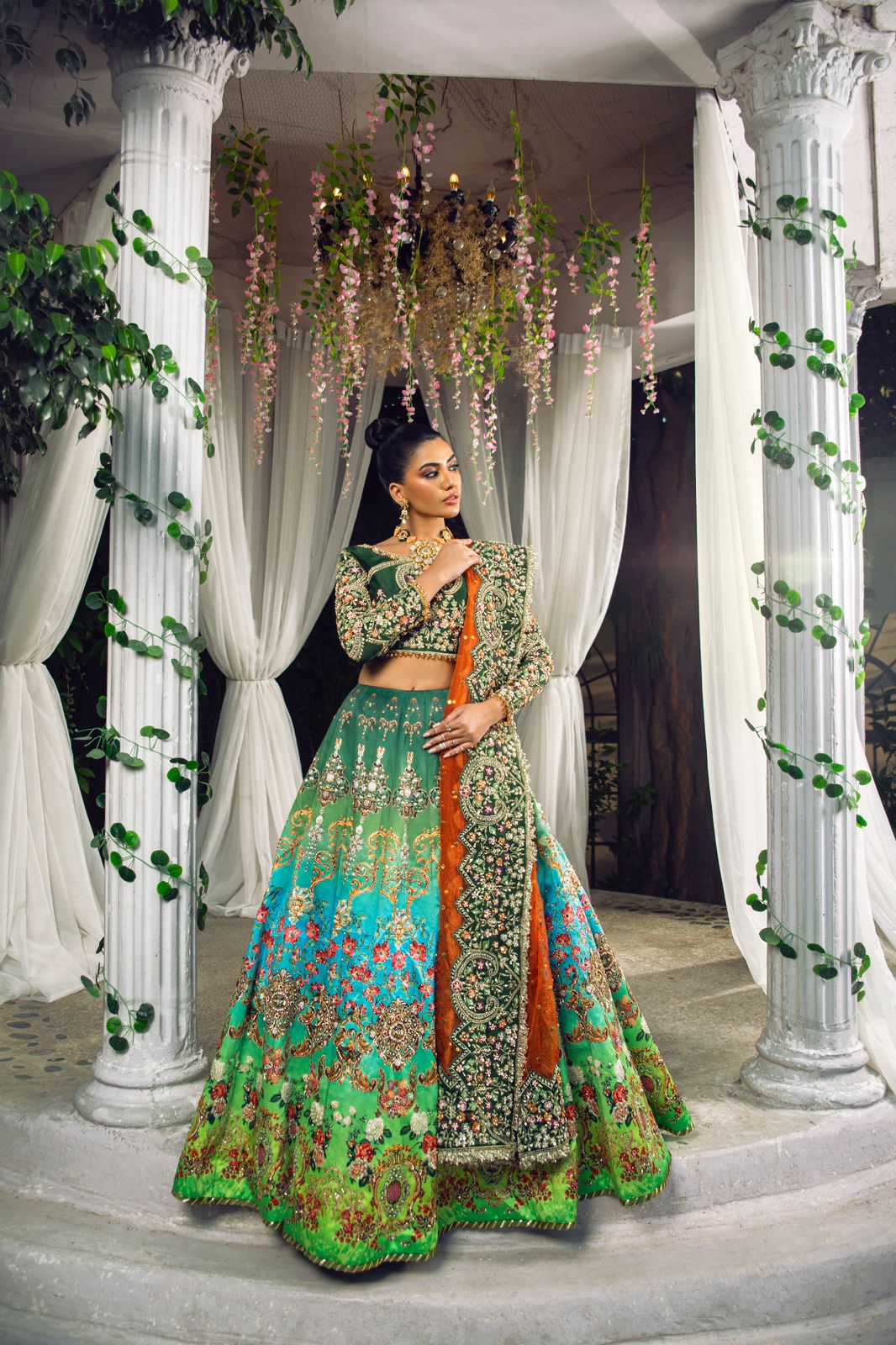 Emerald Green Handworked Silk Lehenga (3-Piece) - Image 3