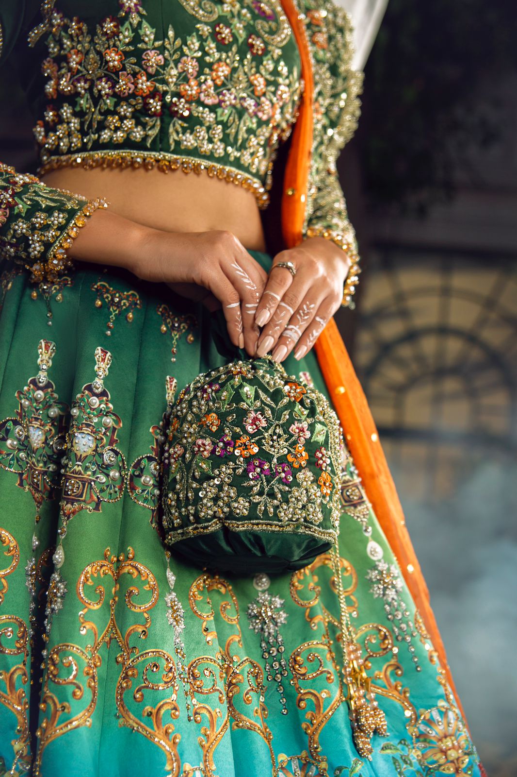 Emerald Green Handworked Silk Lehenga (3-Piece) - Image 4