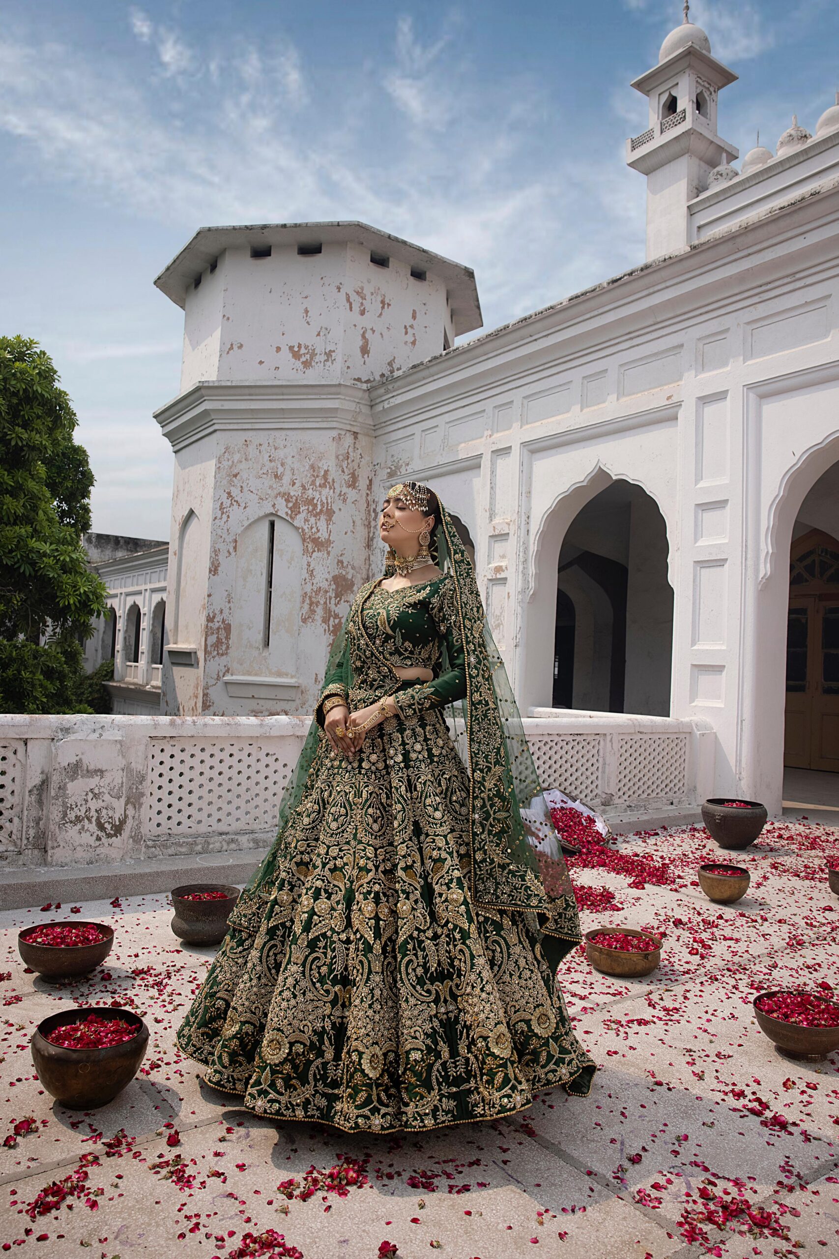Bottle Green Embroidered Silk Bridal Choli Lehenga (3-Piece) - Image 1
