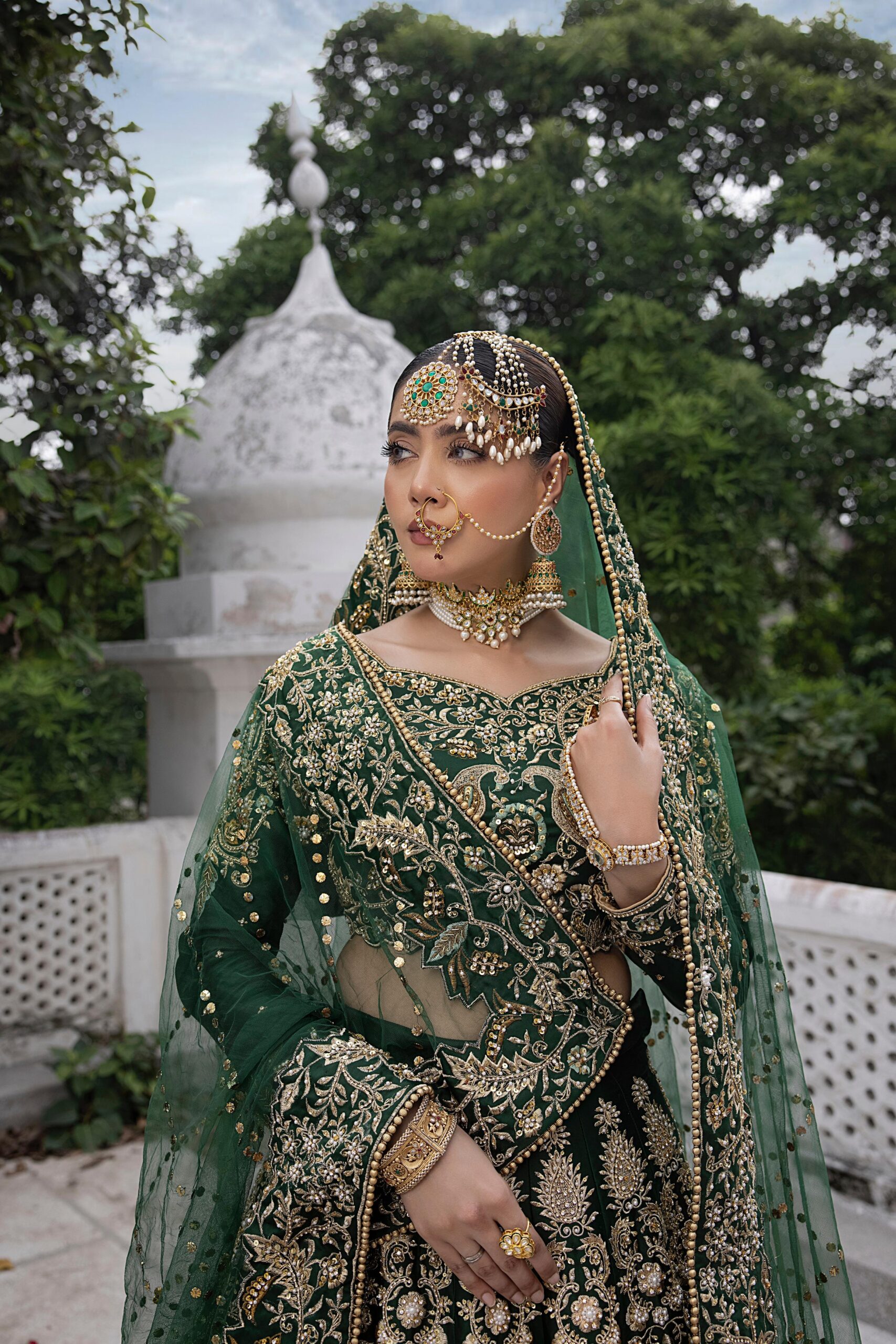 Bottle Green Embroidered Silk Bridal Choli Lehenga (3-Piece) - Image 2