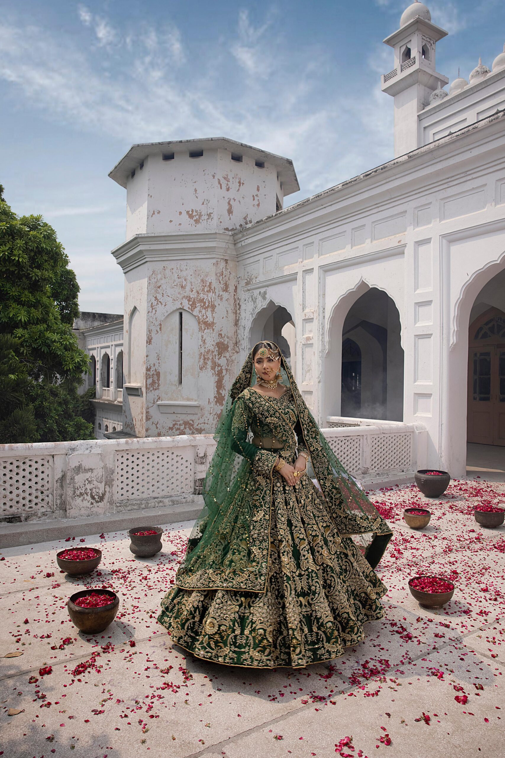 Bottle Green Embroidered Silk Bridal Choli Lehenga (3-Piece) - Image 3