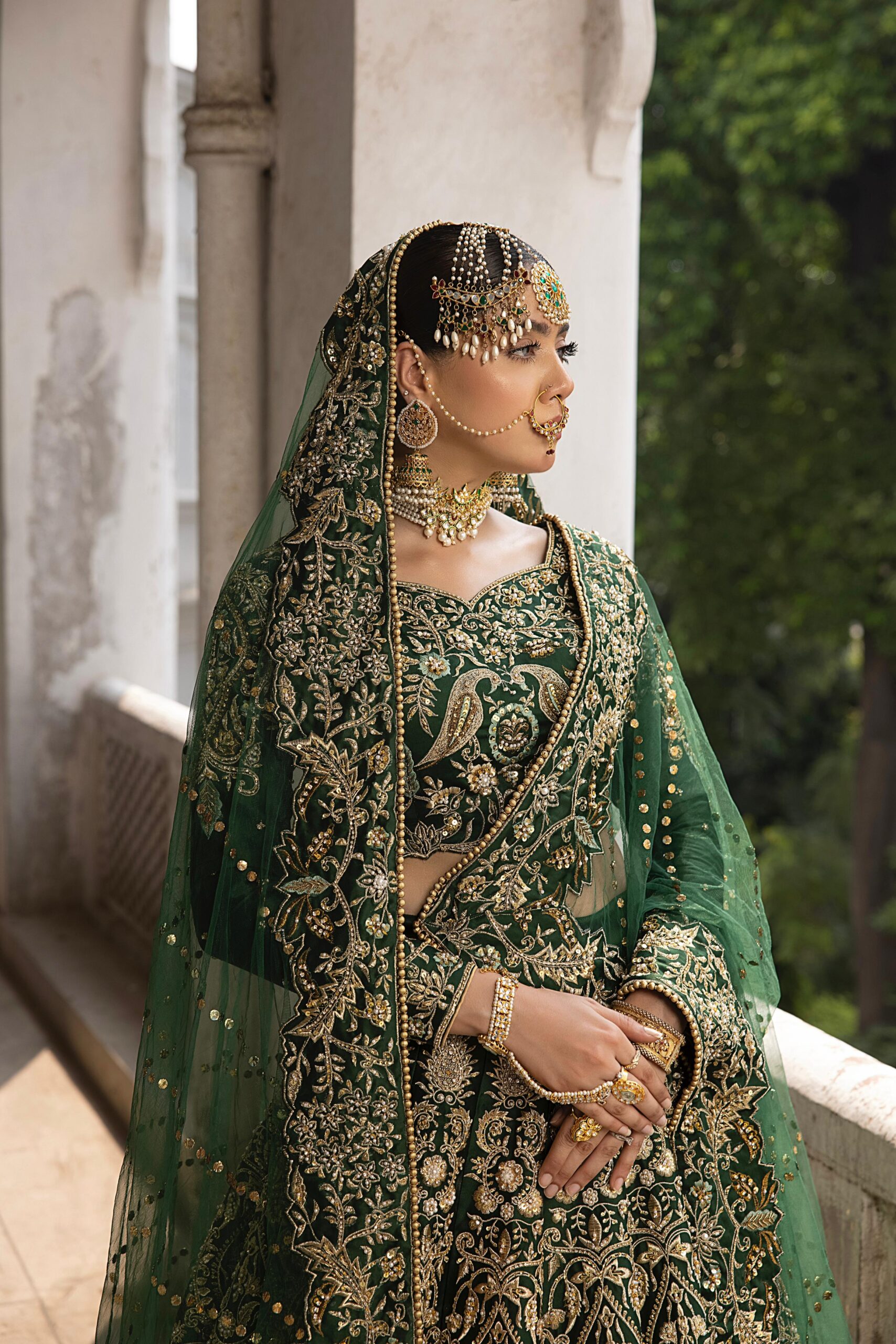 Bottle Green Embroidered Silk Bridal Choli Lehenga (3-Piece) - Image 4