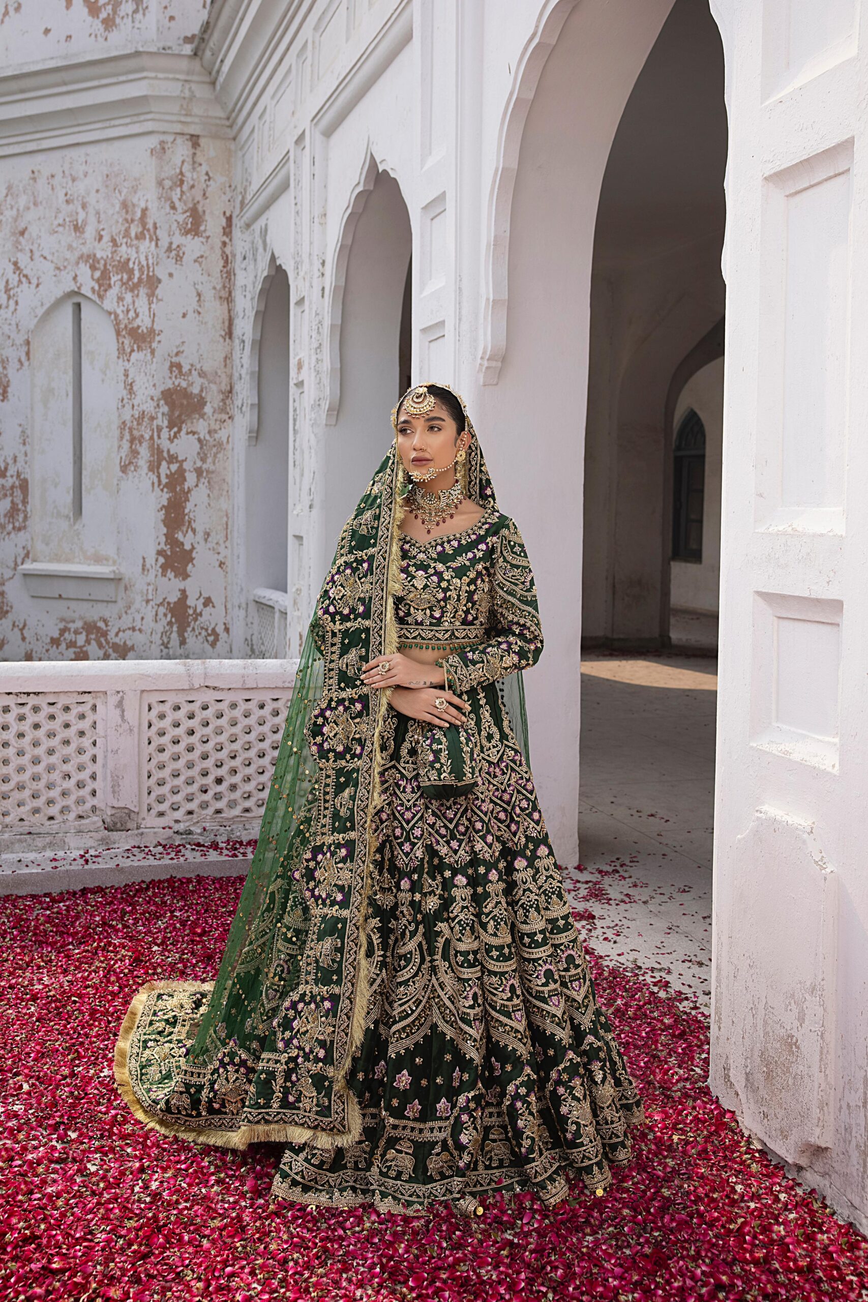 Deep Green Embroidered Silk Bridal Choli Lehenga (3-Piece) - Image 1