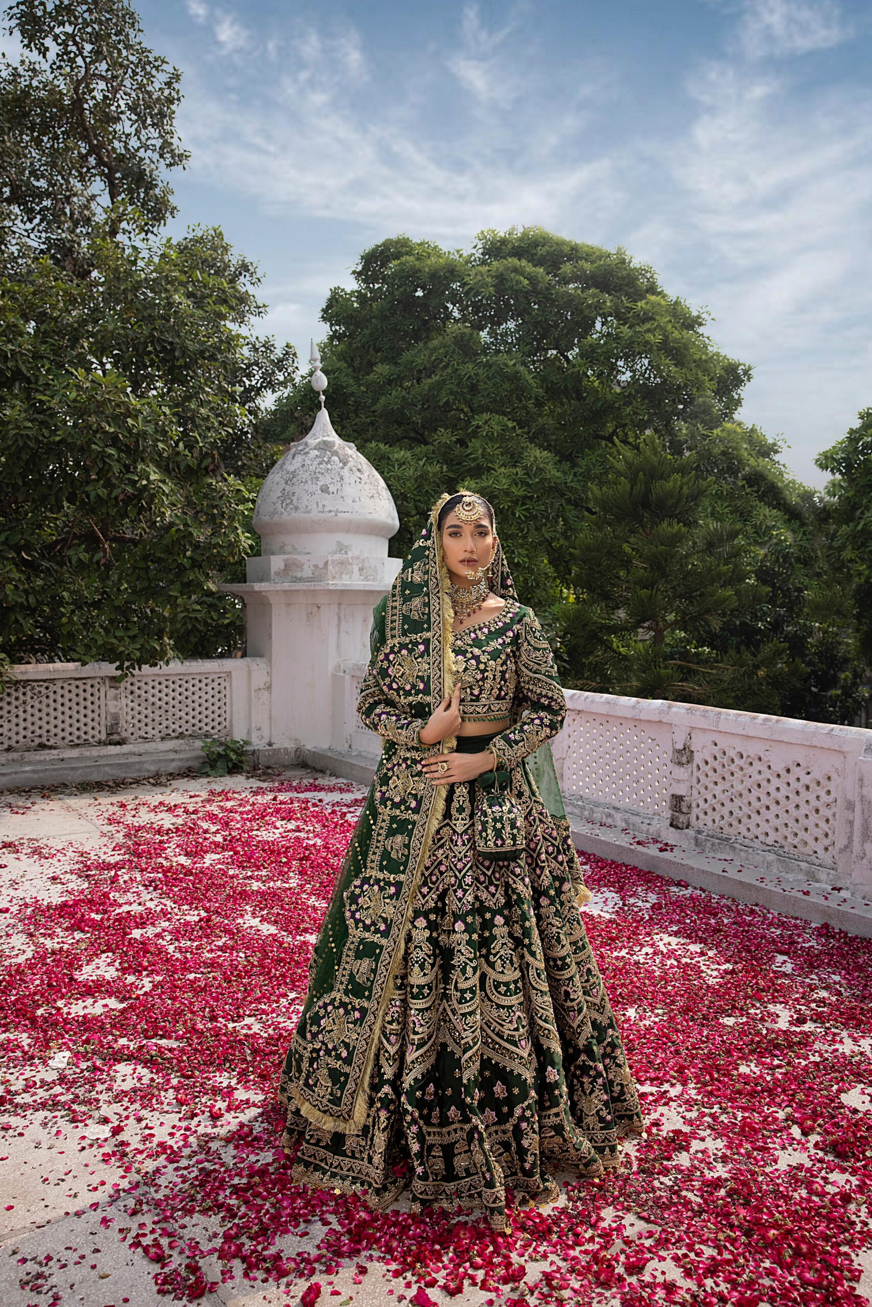 Deep Green Embroidered Silk Bridal Choli Lehenga (3-Piece) - Image 2
