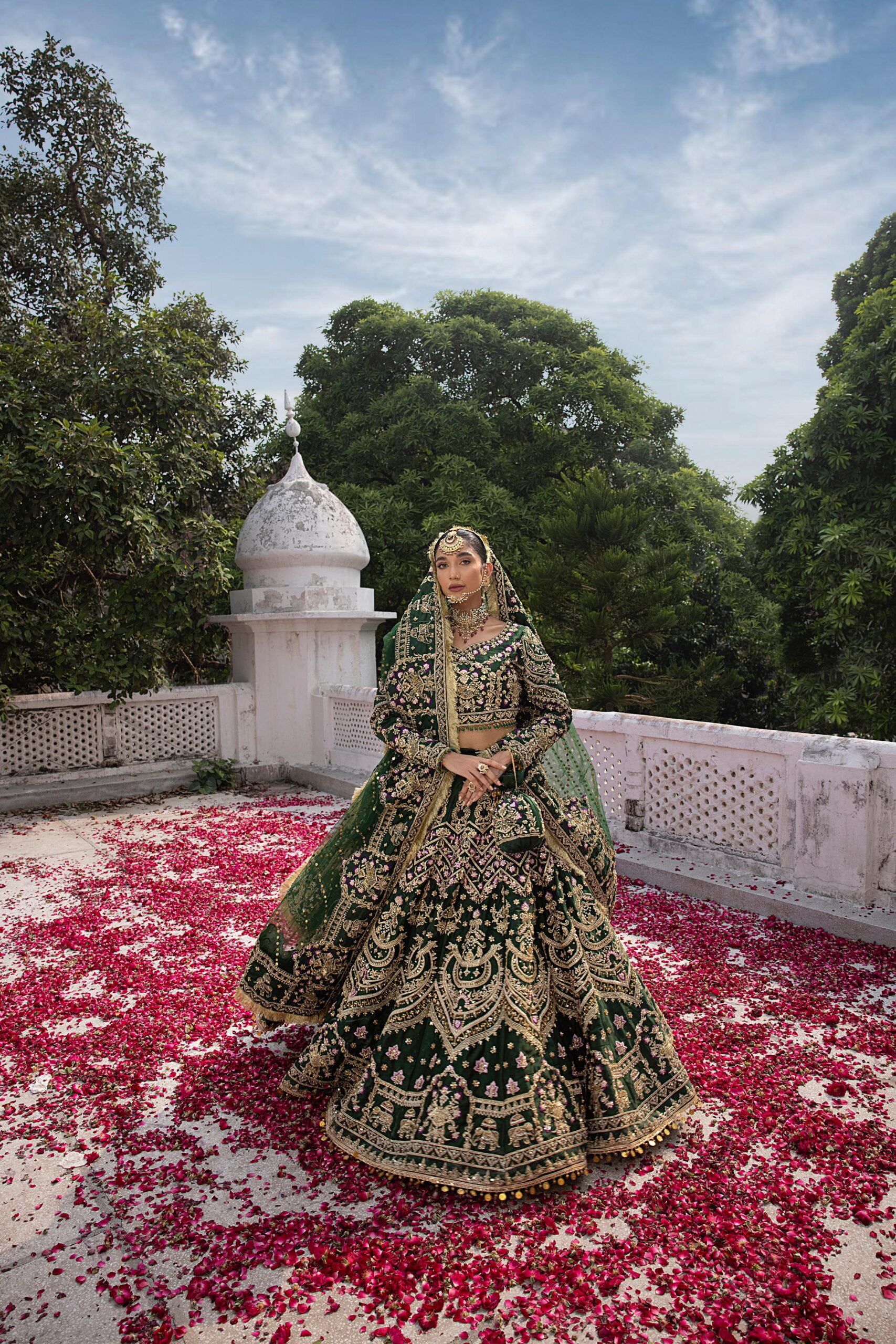 Deep Green Embroidered Silk Bridal Choli Lehenga (3-Piece) - Image 3