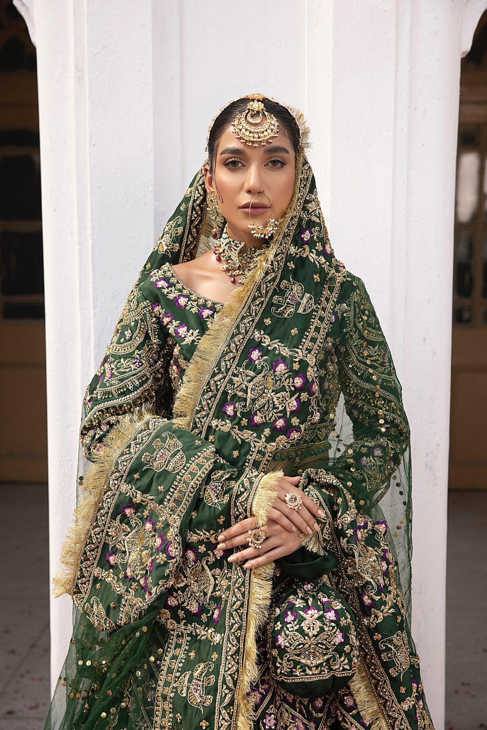 Deep Green Embroidered Silk Bridal Choli Lehenga (3-Piece) - Image 4