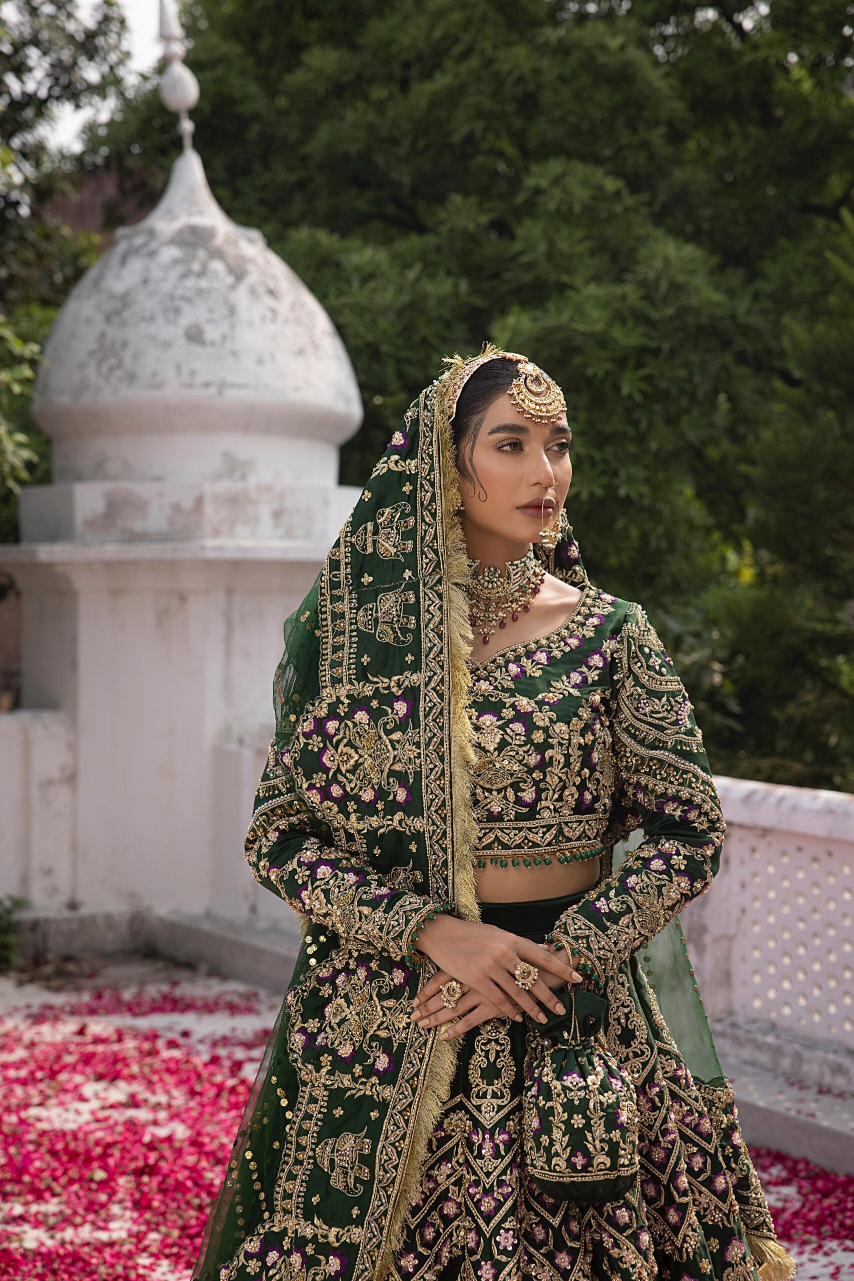 Deep Green Embroidered Silk Bridal Choli Lehenga (3-Piece) - Image 5