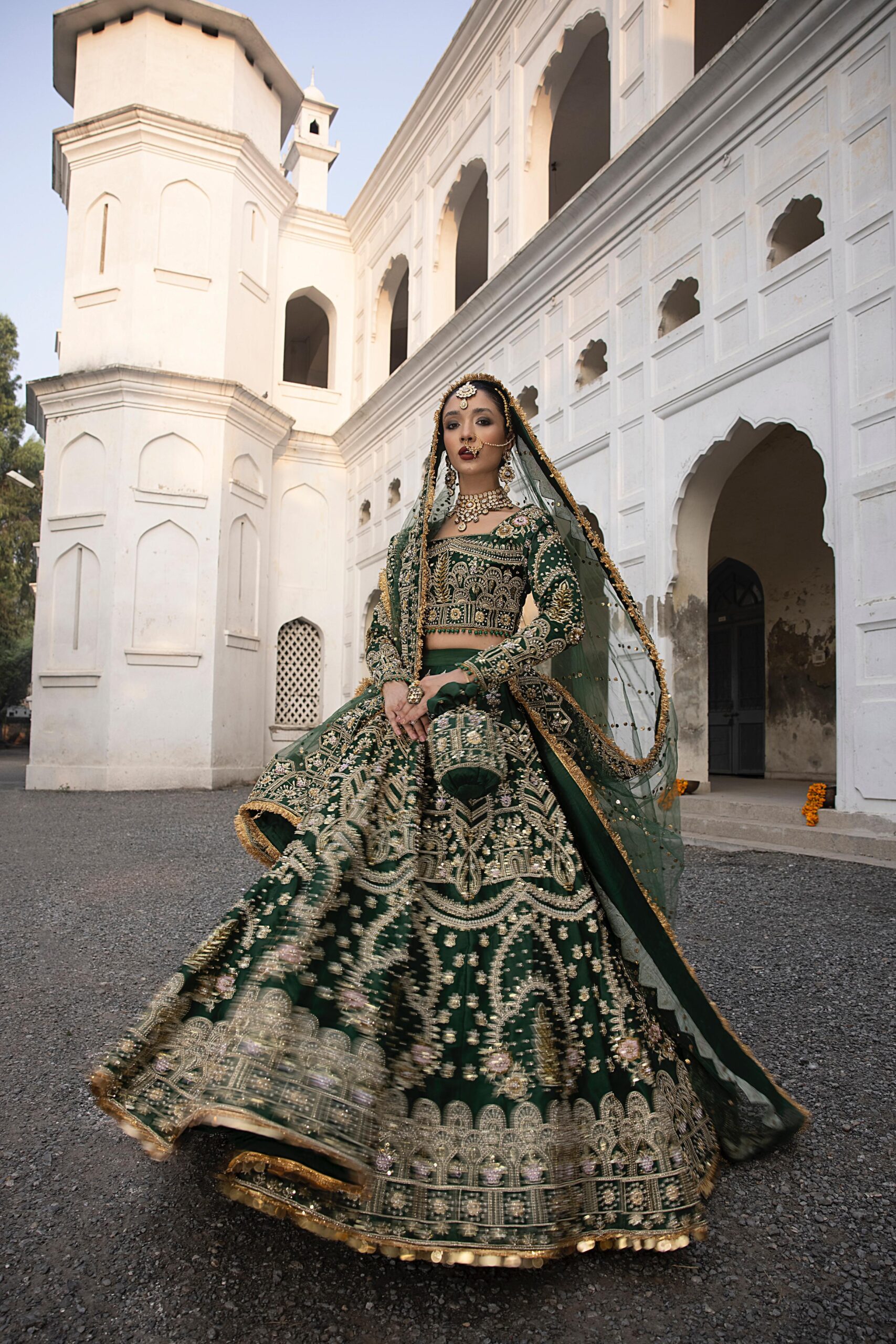 Pakistani Bottle Green Embroidered Silk Bridal Choli Lehenga (3-Piece) - Image 1
