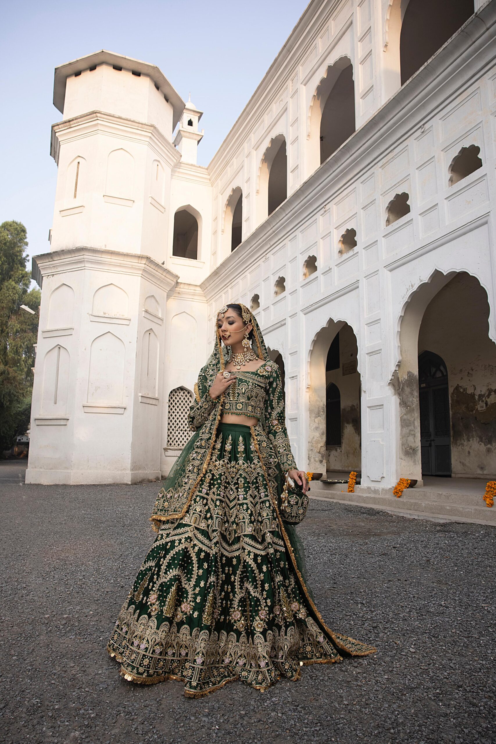 Pakistani Bottle Green Embroidered Silk Bridal Choli Lehenga (3-Piece) - Image 2